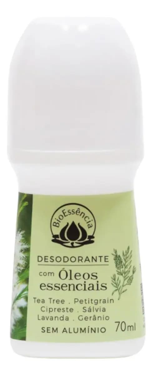 Desodorante Sem Alumínio Rollon Vegano Sem Alcool Com Óleos Essenciais Tea Tree Ciprestre PetitGrain Lavanda Geranio Salvia Esclareia Bioessencia 70ml