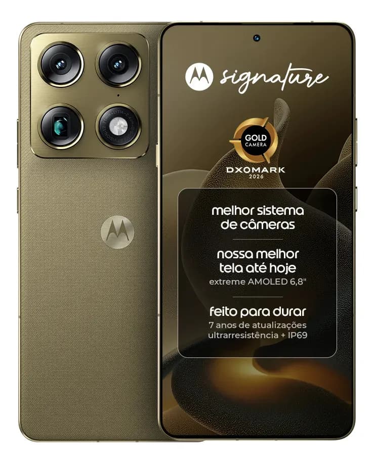 Smartphone Motorola Signature 5G - 512GB 24GB (12GB RAM + 12GB RAM Boost), 3 cameras 50MP Sony Lytia e Zoom 100x, Tela 1.5K extreme Amoled 165hz - Verde Oliva - R$ 6.391