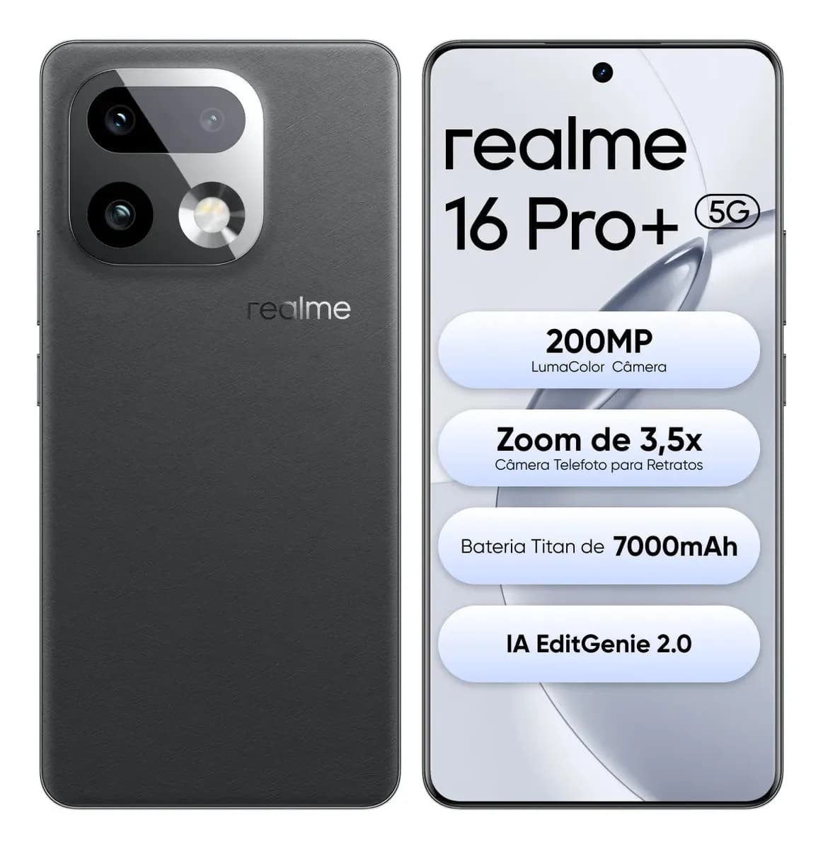 Smartphone Celular Realme 16 Pro+ 512gb 12gb Ram (+ 14 virtual ram boost) 5g Dual Sim, Câmera Lumacolor 200 Mp, SnapDragon 7 Gen4 Rocket, 7000mah, 80w, Ip69 Pro 144hz, Video 4k Fullfocal Hdr Preto - R$ 4.499