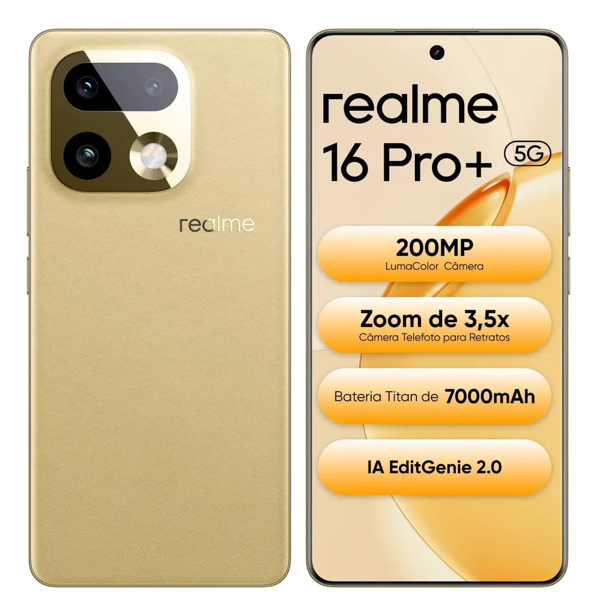 Smartphone Celular Realme 16 Pro+ 512gb 12gb Ram (+ 14 virtual ram boost) 5g Dual Sim, Câmera Lumacolor 200 Mp, SnapDragon 7 Gen4 Rocket, 7000mah, 80w, Ip69 Pro 144hz, Video 4k Fullfocal Hdr Dourado - R$ 4.499