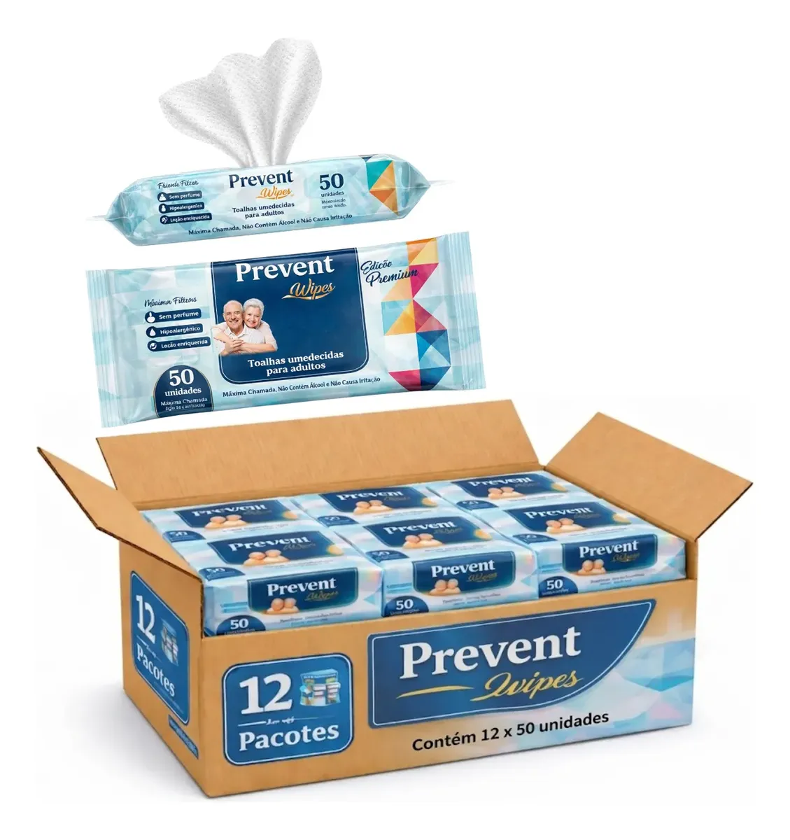 Kit 12 Pct Toalha Lenço Umedecido Adulto Prevent Wipes 50fls - R$ 77,9