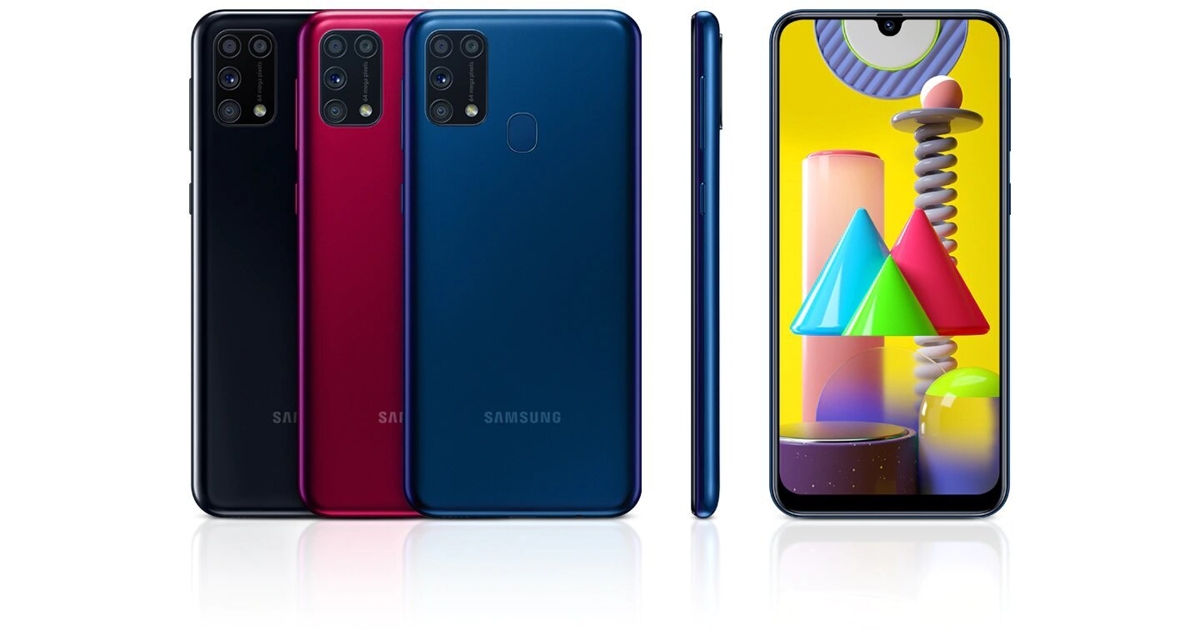 Samsung Galaxy M31 nas cores preta, vermelho e azul