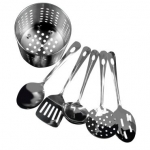 Conjunto de Utensílios 6 Peças em Inox 22cm, Acompanha Suporte, Concha Feijão, Concha Perfurada, Colher Arroz, Espátula e Espumadeira – Gourmet Mix